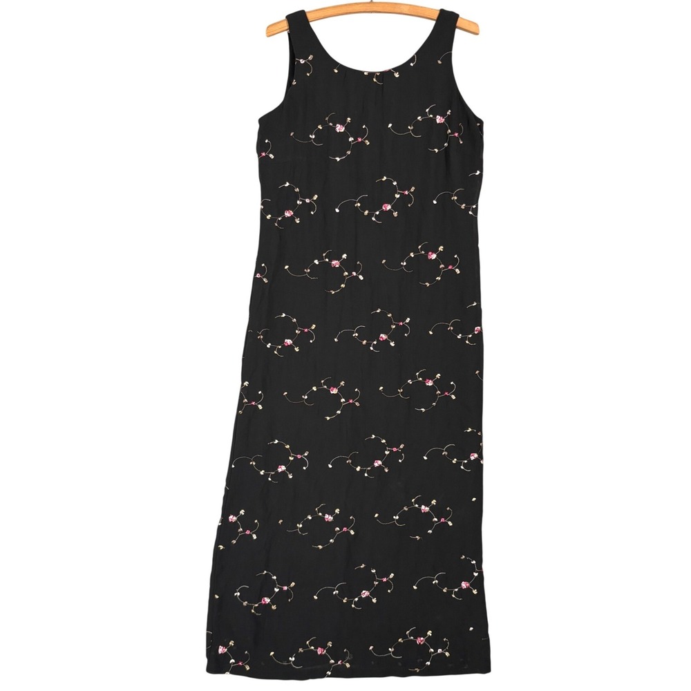 Vintage Black Floral Embroidered Maxi Dress Sleeveless Size 12 90s Y2K Cottage
